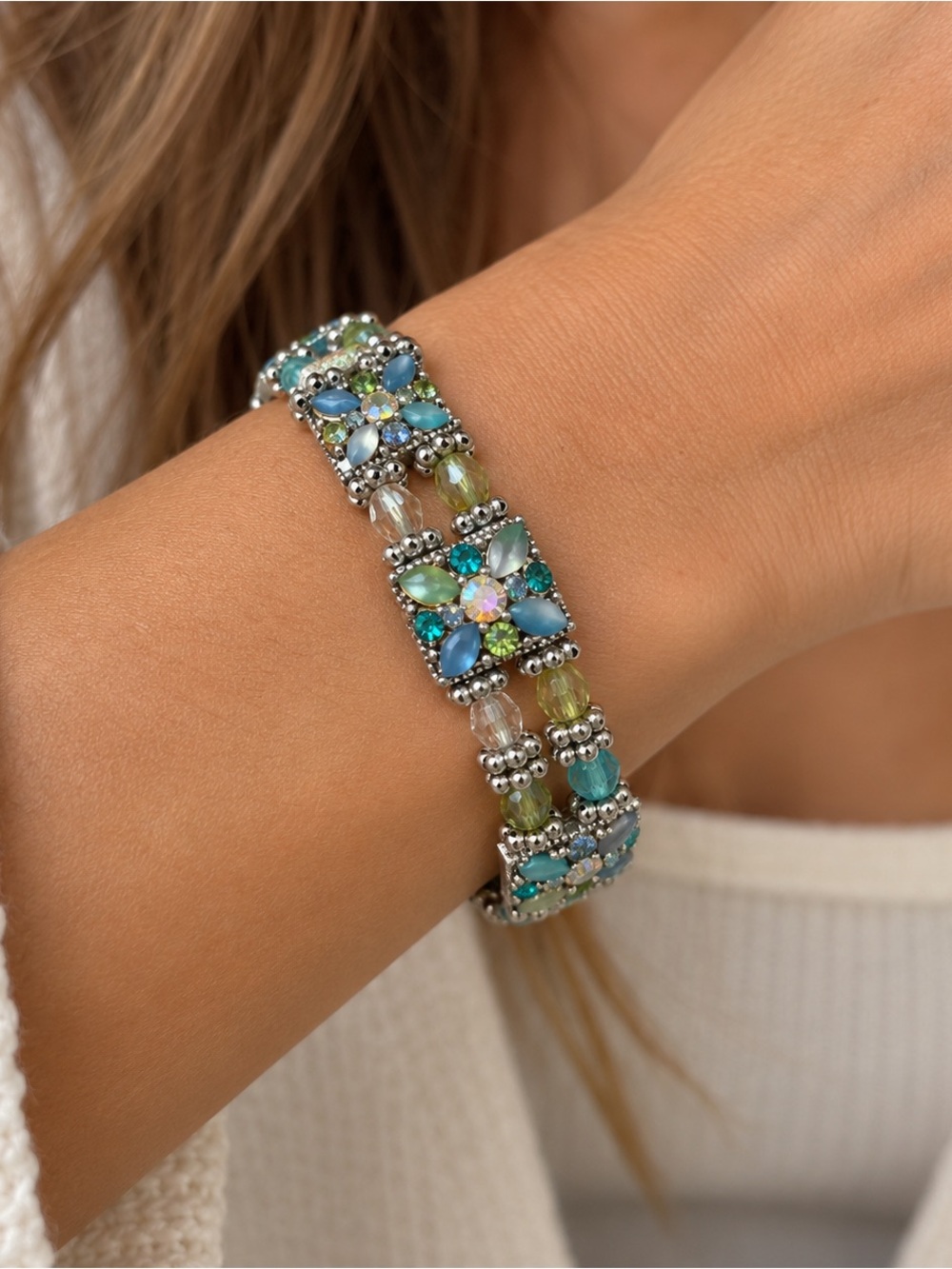 Y2K Blue Green Rhinestone Floral Beaded Statement Bracelet
